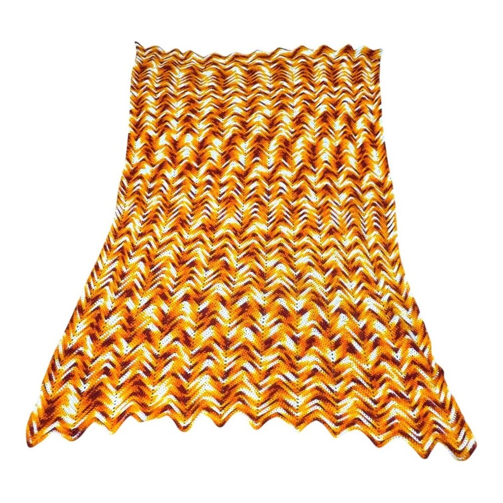 Vintage Chevron Afghan Throw Blanket Orange Brown White Zigzag Pattern MCM Retro